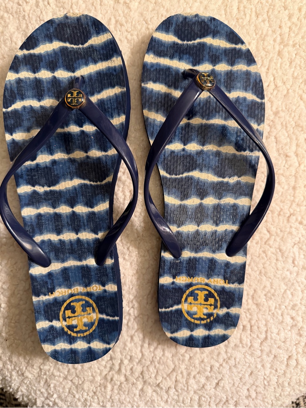 Tory Burch Blue and White Striped Logo Flip Flops with Gold Accents